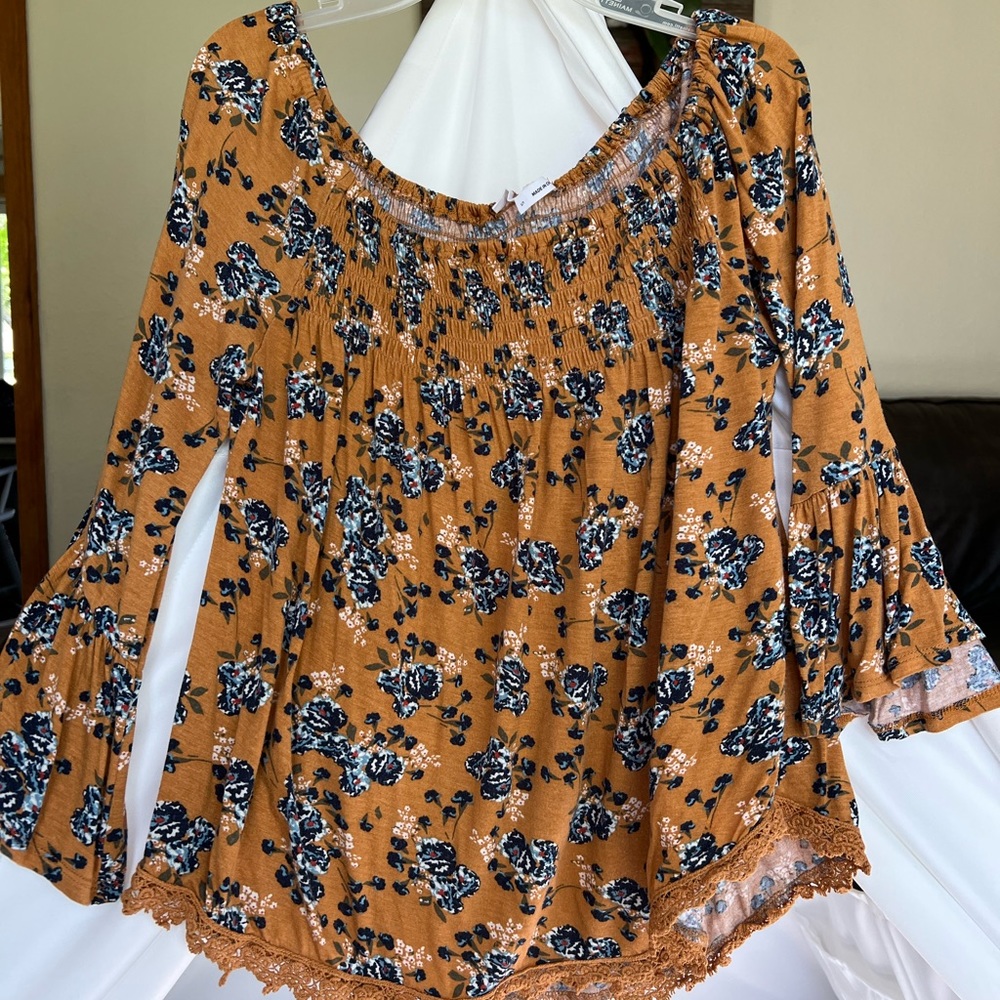 Mustard color floral bell sleeve 3/4 length off shoulder top with lace detail